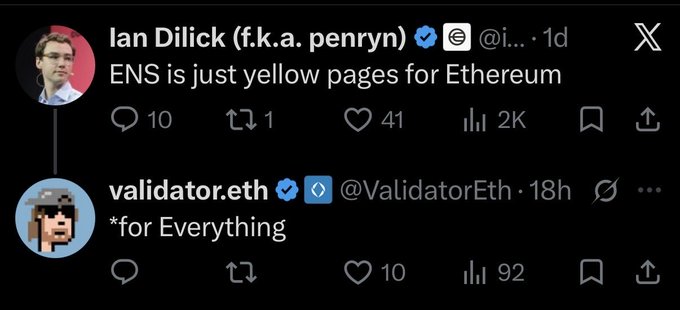 A screenshot of an X (Twitter) post by Ian Dilick (f.k.a. penryn) stating "ENS is just yellow pages for Ethereum," followed by a reply from validator.eth adding "*for Everything".