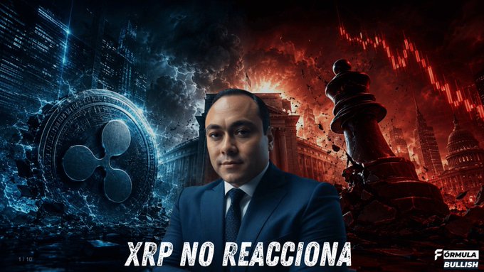 A YouTube thumbnail featuring a man in a suit standing in front of a dramatic cityscape with a large XRP logo and a chess piece, titled 'XRP NO REACCIONA' with the channel logo 'FÓRMULA BULLISH'.