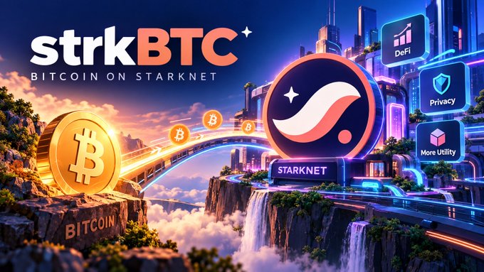 A promotional graphic for strkBTC titled 'BITCOIN ON STARKNET,' featuring a golden Bitcoin coin and the Starknet logo connected by a glowing bridge in a futuristic cityscape, with icons highlighting DeFi, Privacy, and More Utility.