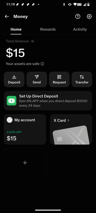 A banking app 'Money' screen showing a Total Balance of $15 with options to Deposit, Send, Request, or Transfer, featuring an 'X Card' with 4.00% APY.