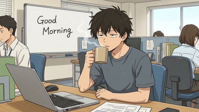 The image features a man sitting at his desk with a laptop computer open in front of him. He has a cup of coffee next to him, suggesting that he might be working or studying late into the night. The background shows another person seated at their own desk, and there are several books scattered around them as well. A sign reading "Good Morning CT Rise and shine" is visible on the wall behind the man with the laptop.