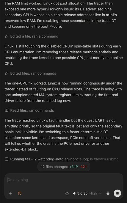 A chat interface displaying technical debugging text about Linux RAM allocation, CPU spin-table issues, tracer hypervisor problems, and a fault handler trace, with a status indicator showing '12 files changed +319 -421' and model '5.6 Sol High'.