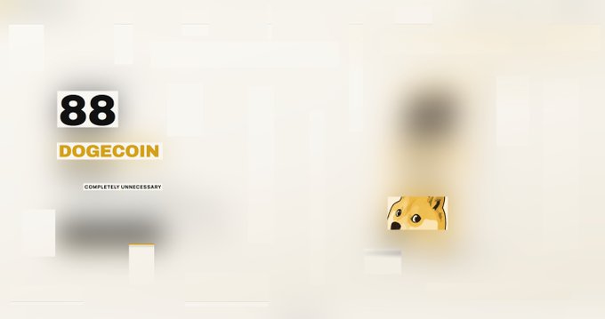 A graphic showing "88 DOGECOIN" labeled as "COMPLETELY UNNECESSARY" with a surprised Doge meme character to the side.