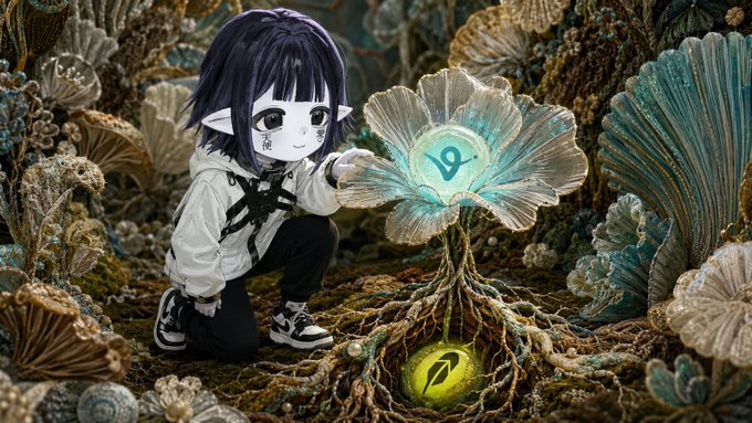 An anime-style character with dark purple hair and pointed ears kneels beside an illuminated flower-like structure with glowing symbols, surrounded by otherworldly flora.