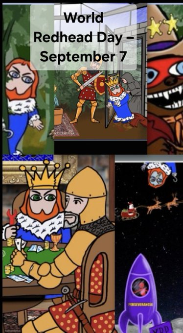 The image is a collage celebrating "World Redhead Day – September 7," featuring various cartoon and illustrated characters with red hair and red beards in medieval, royal, and whimsical settings, tying into the post's theme of redhead appreciation coinciding with the end of the Ethiopian calendar.
