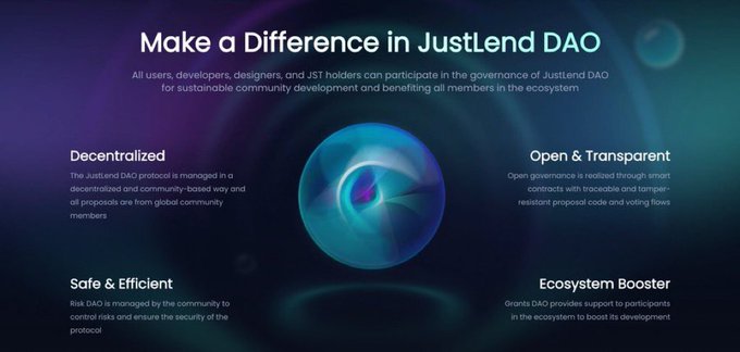 A promotional graphic for JustLend DAO features a glowing blue sphere against a dark background, highlighting the platform's "Decentralized," "Open & Transparent," "Safe & Efficient," and "Ecosystem Booster" governance features. The image emphasizes community-driven participation and sustainable ecosystem development, aligning with the post's message about leveraging crypto assets through decentralized lending on the TRON blockchain.