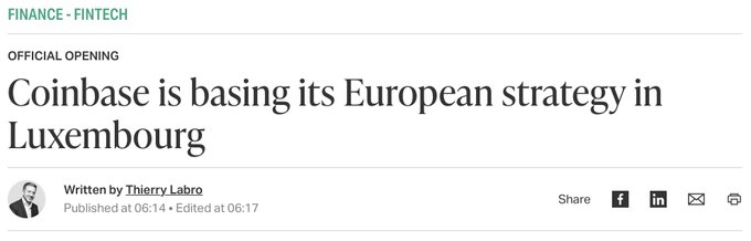 The image shows a news article header from the "FINANCE - FINTECH" section, titled "Coinbase is basing its European strategy in Luxembourg," written by Thierry Labro. The article relates to the post's discussion of major crypto companies like Coinbase and Ripple choosing Luxembourg as their European hub under the MiCA regulatory framework.