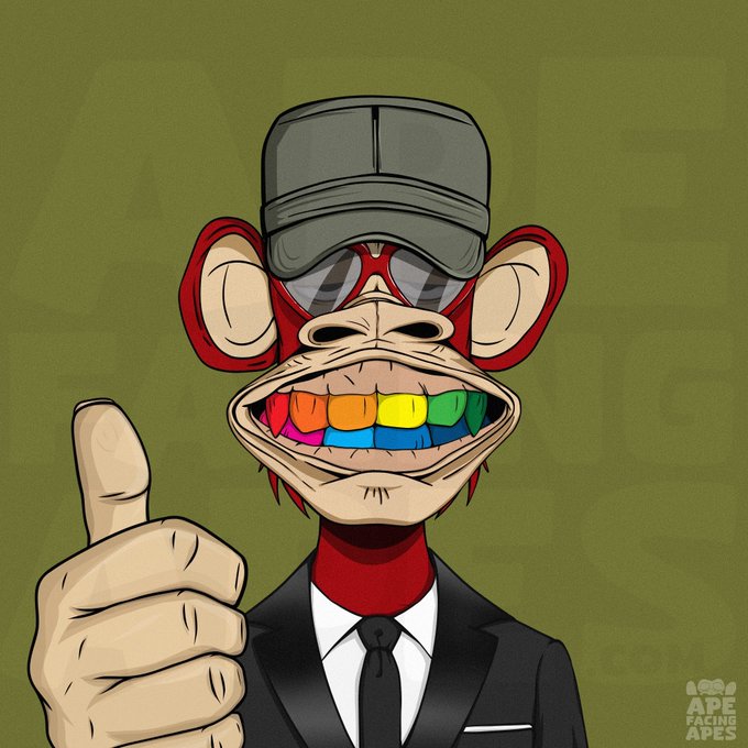 A cartoon Bored Ape Yacht Club NFT character with rainbow grills gives a thumbs-up, with "APE FACING APES" branding and the post identifying it as BAYC #5418.
