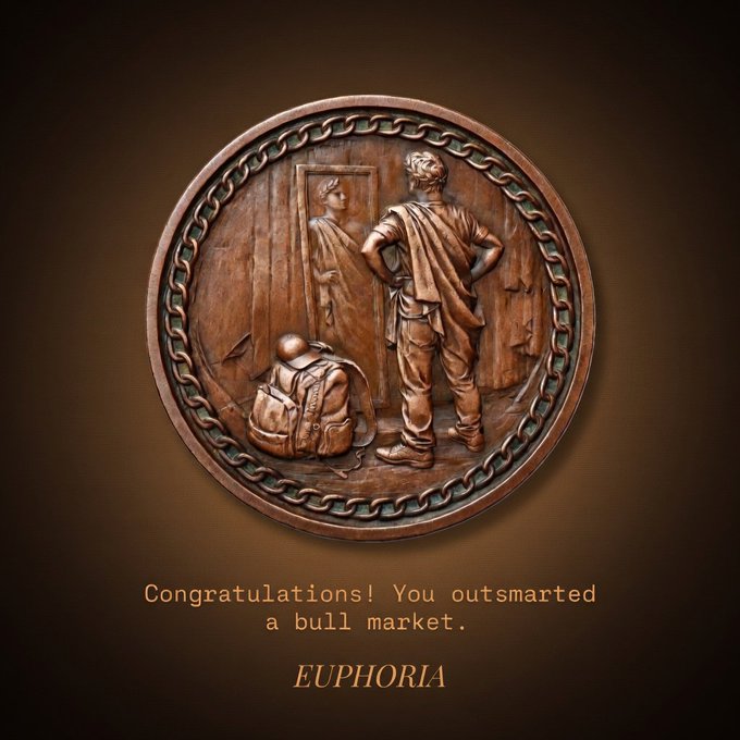 A bronze commemorative coin featuring a classical relief of a person standing with hands on hips looking at a shrouded figure, with text 'Congratulations! You outsmarted a bull market. EUPHORIA'.