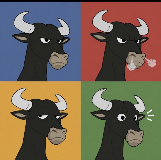 A four-panel cartoon showing a black bull with white horns displaying different expressions against colored backgrounds: annoyed (blue), snorting in anger (red), tired/bored (orange), and shocked with wide eyes (green).