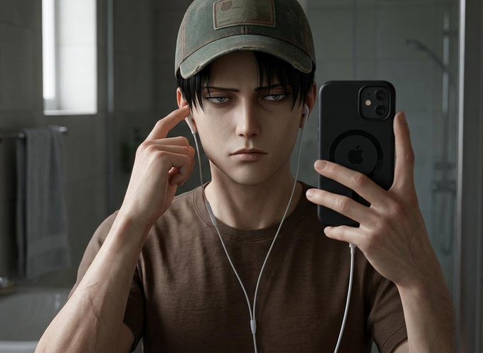 An anime-style digital illustration of a young man wearing a green cap and brown t-shirt, taking a mirror selfie with an iPhone while wearing wired earphones.