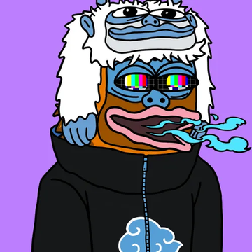 A stylized digital illustration of a character with a white furry hood, blue lips, and pixelated sunglasses, wearing a black hoodie with a cloud design against a purple background.