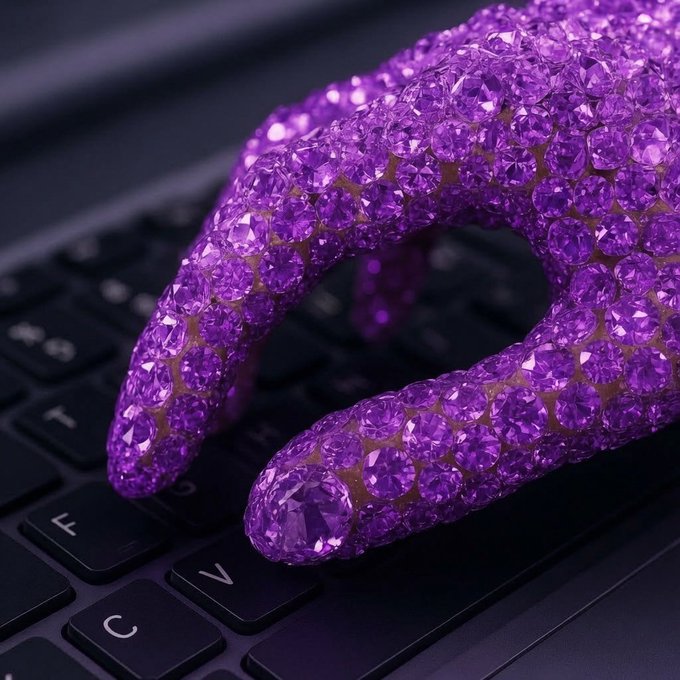 The image features a close-up of a person's hand resting on a computer keyboard with purple gemstones covering some keys. The background appears to be black, which contrasts with the vibrant purple color of the gemstones. The caption "G @monad, I feel like my hands have turned purple again" suggests that the person might be experiencing an unusual sensation or feeling related to their hand's color change.

The image is likely a creative representation of someone's reaction to the purple gemstone-covered keys on the keyboard. It could also serve as a reminder for users to take breaks and not get too absorbed in their work, as they may experience unexpected changes in their surroundings or emotions.
