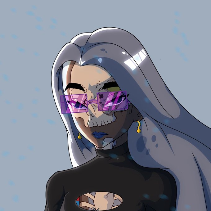 A stylized digital illustration of a woman with long silver hair, purple square sunglasses, and a skull-like face marking, set against a soft blue background with floating particles, appears to be the 1/1 NFT artwork being celebrated in the post.