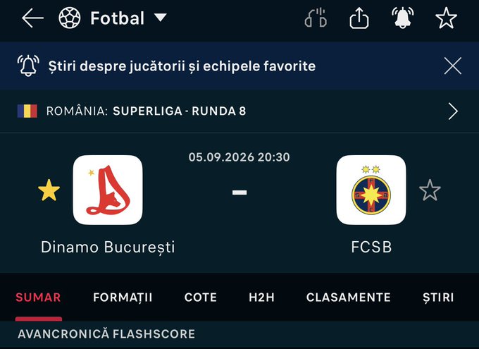 The image shows a Fotbal (Football) app screen previewing an upcoming Romania Superliga Round 8 match between Dinamo București (red/white logo) and FCSB (with star emblem) scheduled for 05.09.2026 at 20:30, fitting the post's "Easy 😎 🔴⚪️" caption referencing the anticipated classic rivalry between the two Bucharest clubs.