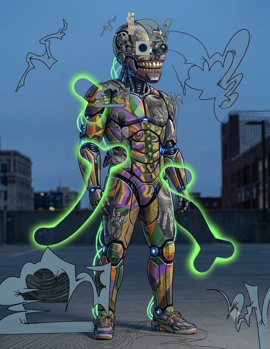 A colorful graffiti-style robot figure with an exposed metallic skull face, wearing multicolored patterned clothing and sneakers, surrounded by neon green glowing outlines on an urban rooftop.