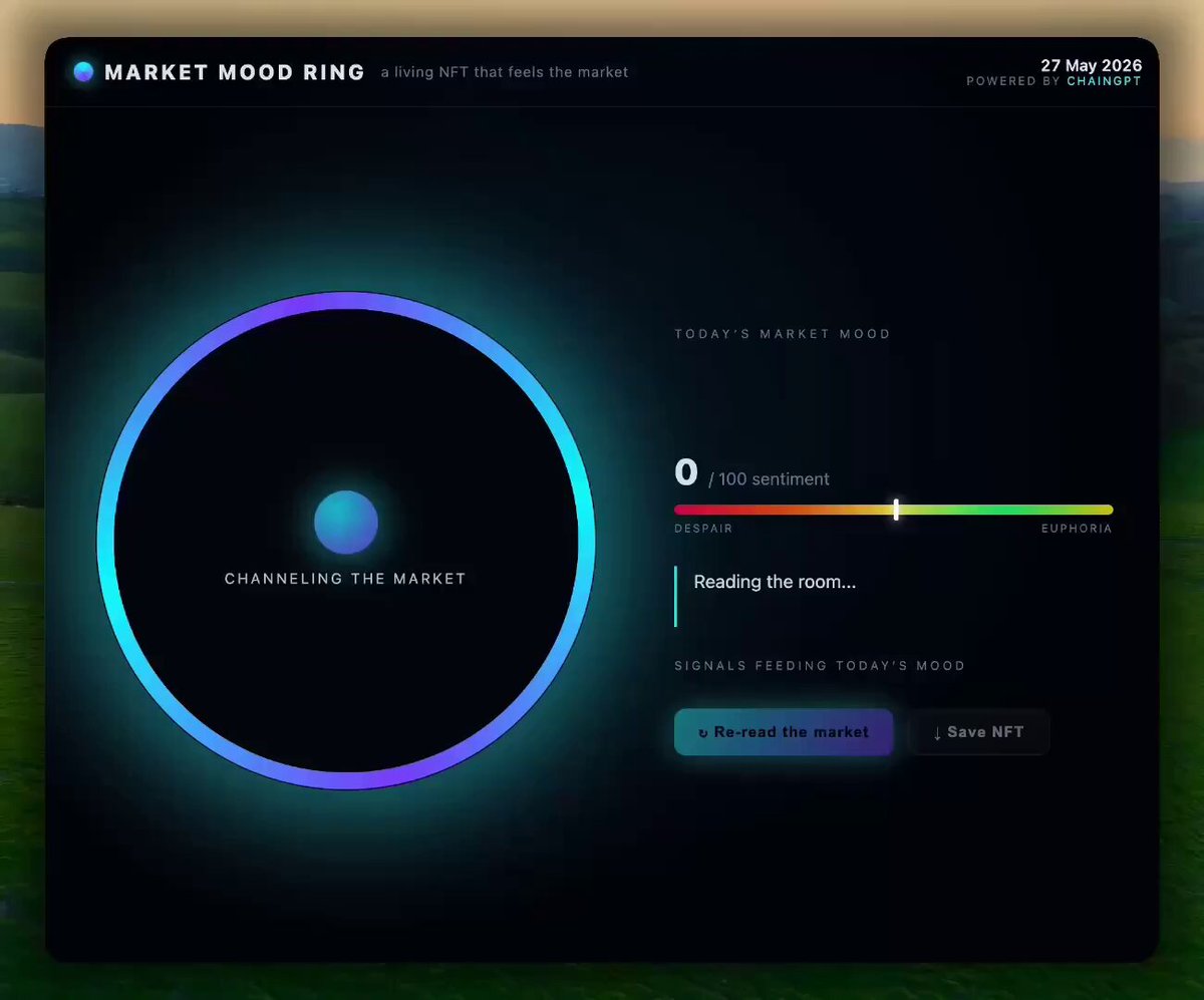 The image shows a screen displaying a mood ring, which is an AI skill for cryptocurrency trading. The mood ring has a blue circle with a green center that changes color based on the market's mood. It also displays information about the current market sentiment and suggests actions such as reading the room or saving NFTs. The post mentions that this particular mood ring was created by Claude Code, who is known for his expertise in Web3 technology.
