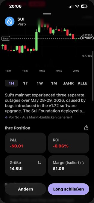 The image shows an iPhone screen displaying a stock market chart with three separate lines - one showing the closing price of Bitcoin, another showing the opening price, and a third showing the closing price of Sui. The screen also features various information about these stock symbols such as their names, market prices, and changes in value over time. A message appears on the screen that reads "Ich hab 1$ sui gekauft weil man den 10x fahren kann wenn btc ner runter geht wir jetzt da einfach draus sui cycle machen werden wir reichen gegen den perp auf sui das sui naher selber nurnoch 2-5% sui hat". This message is related to the post and provides context for the content displayed on the screen.