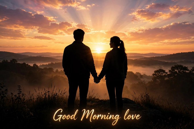 A silhouette of a couple holding hands against a dramatic sunrise over mountains, with the text "Good Morning love" in glowing gold letters at the bottom.