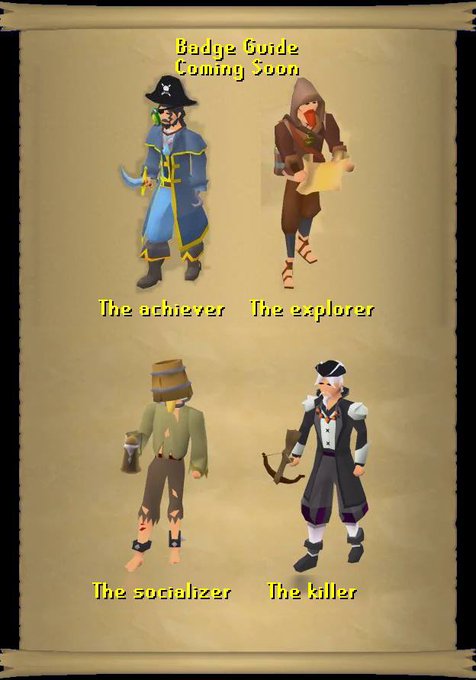 The image is a "Badge Guide Coming Soon" preview featuring four RuneScape character avatars representing different playstyles: "The Achiever" (pirate), "The Explorer" (hooded map-holder), "The Socializer" (barrel-headed character with lantern), and "The Killer" (pirate with hook and sword), tying into the announcement of upcoming lore clarifications from @lineraxyz.