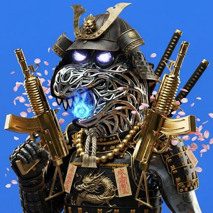 A stylized illustration of a cyberpunk samurai wearing traditional black and gold armor, holding two golden firearms with glowing blue eyes and fire emanating from its mouth against a blue background with cherry blossoms.