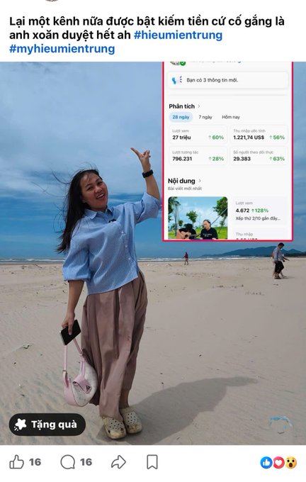 A woman poses on a beach in front of an overlay showing YouTube analytics for the channel 'Hieu Mien Trung' with text 'Lại một kênh nữa được bật kiếm tiền cố gắng là anh xoắn duyệt hết ah #hieumientrung #myhieumientrung'.