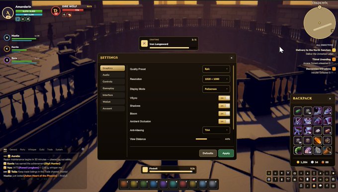 A screenshot of the Alerith MMORPG video game displaying an in-game settings menu with graphics options like resolution, display mode, and VSync overlaid on a wooden interior scene, with chat showing user names like "Xanda," "Randa," and "Vora" alongside a gold verified badge as advertised in the post promoting character name registration at alerith.com/name.
