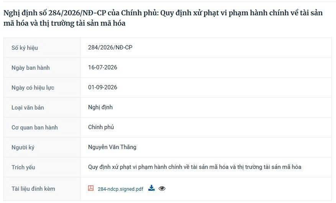 Vietnamese government document page for Decree 284/2026/NĐ-CP regarding penalties for administrative violations concerning crypto assets and crypto markets, issued 16-07-2026, effective 01-09-2026.