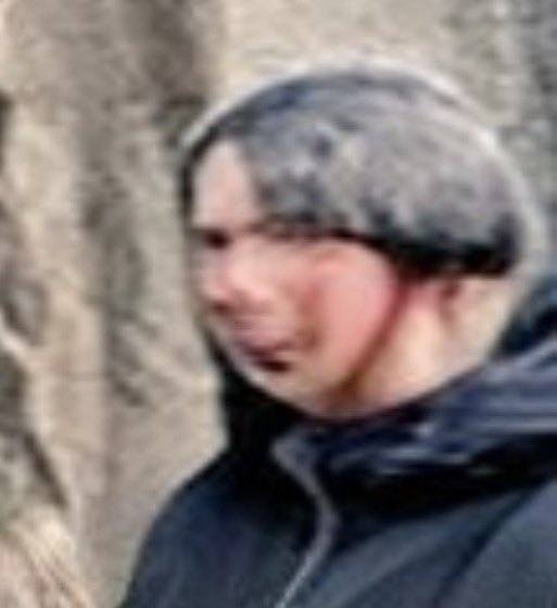A low-resolution, blurry close-up photo of a person wearing a grey beanie and dark jacket, with an obscured/pixelated face, set against a textured background.