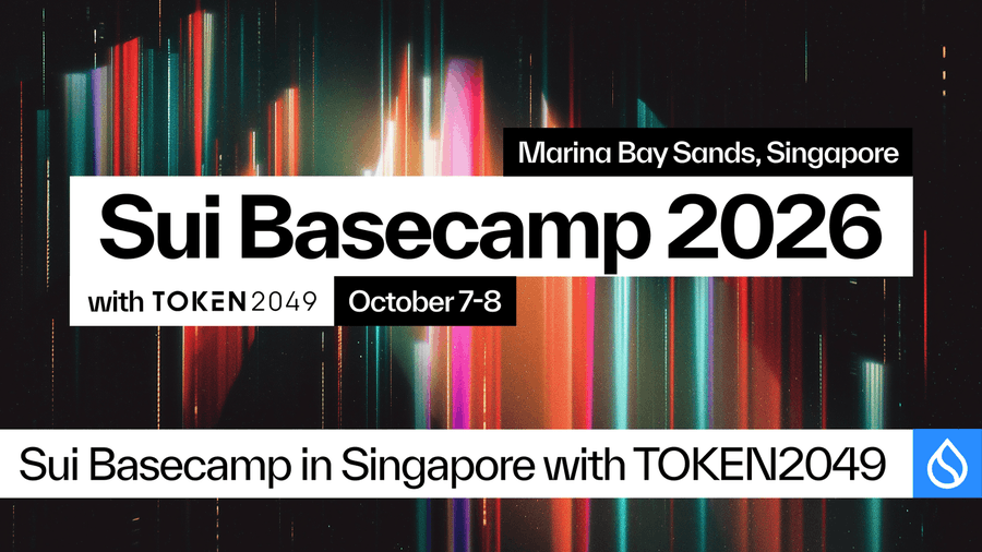 A promotional graphic for 'Sui Basecamp 2026' taking place at Marina Bay Sands, Singapore on October 7-8, held with TOKEN2049, featuring colorful abstract light streaks.