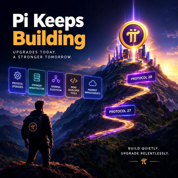 The image shows a person with a Pi logo backpack gazing up at a glowing Pi symbol atop a mountain, with a winding path labeled "Protocol 27" leading up to "Protocol 28," surrounded by feature cards highlighting "Protocol Upgrades," "Stronger Infrastructure," "Growing Ecosystem," "More Developer Tools," and "Mainnet Improvements." Text reads "Pi Keeps Building — Upgrades today, a stronger tomorrow" and "Build quietly. Upgrade relentlessly," visually reinforcing the post's message of Pi's silent, steady focus on protocol development from 27 to 28 amid market noise.