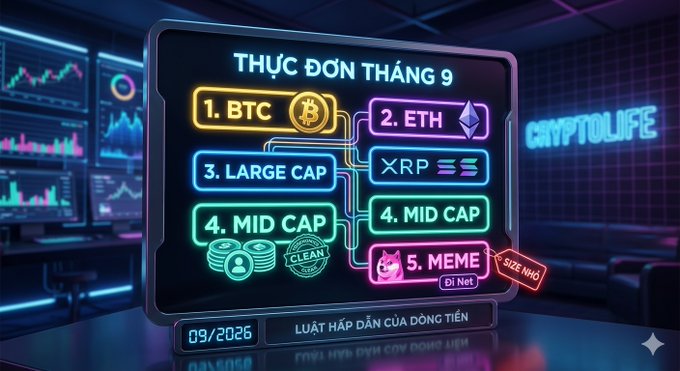 A neon-styled digital menu graphic in Vietnamese titled 'THỰC ĐƠN THÁNG 9' (September Menu) listing cryptocurrency categories including BTC, ETH, LARGE CAP, MID CAP, XRP, and MEME.