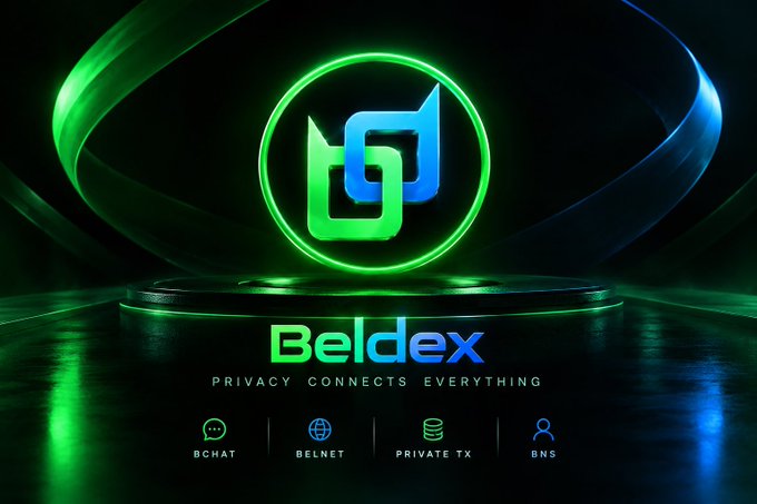 A promotional graphic for Beldex with the tagline 'Privacy Connects Everything,' featuring icons for BChat, BelNet, Private TX, and BNS services.