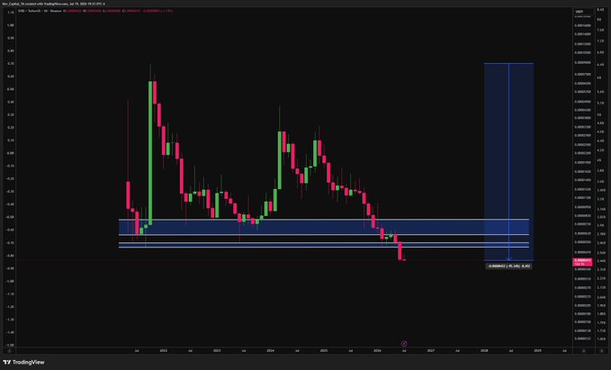 A TradingView candlestick chart for BONKUSD shows the token's price crashing below key support levels (highlighted by blue horizontal zones) to around 0.0000021, with a projected red arrow indicating further potential downside to the 0.0000021–0.0000021 range, illustrating the post's point about meme coins like BONK struggling after their initial hype-driven rallies.