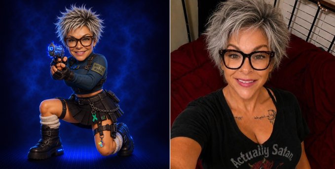 A side-by-side image features a stylized 3D character rendering of a spiky-haired woman in tactical gear on the left, and a real-life selfie of a woman with short gray hair, glasses, and an 'Actually Satan' shirt on the right.