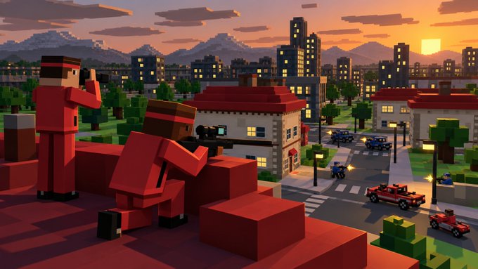 A pixel-art/Minecraft-style scene of two red-suited characters on a rooftop with one aiming a rifle over a blocky city at sunset.