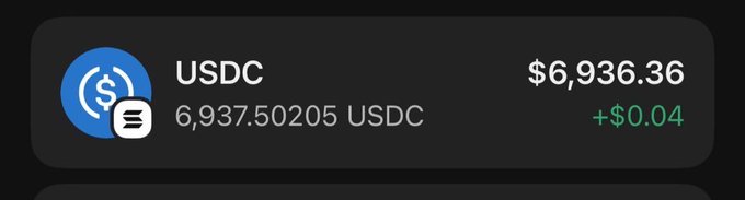 The image shows a crypto portfolio display featuring 6,937.50205 USDC valued at $6,936.36, with a small gain of +$0.04. It serves as visual proof supporting the post's claim of having over $6k in funds, reinforcing the message inviting users who consider $6k significant to reply and check their DMs.