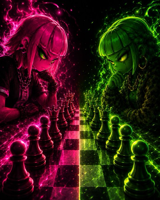 Stylized illustration of two anime-styled girls facing each other across a chessboard, one bathed in pink/magenta energy and the other in green, with glowing chess pieces in the foreground.