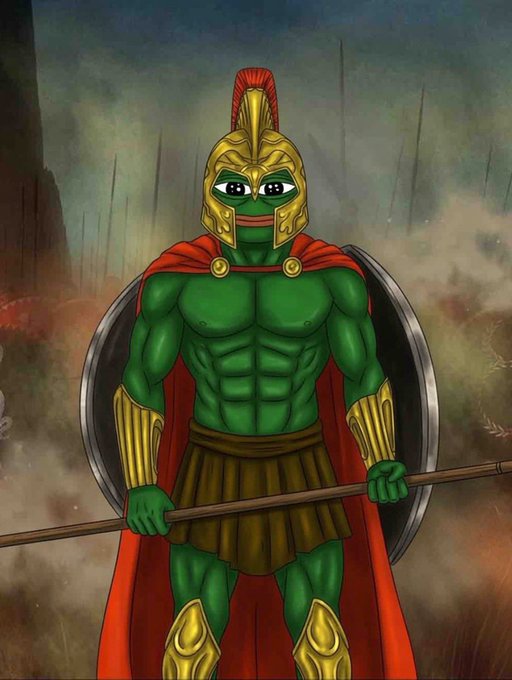 A cartoonish Pepe the Frog depicted as a muscular Spartan warrior in golden armor, a red-plumed helmet, and a flowing red cape, holding a spear and shield against a dramatic battlefield backdrop. The warrior imagery reinforces the post's theme of resilience and holding strong through market downturns, portraying $Pepe holders as steadfast soldiers enduring "red days."