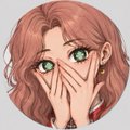 An anime-style illustration of a red-haired girl with green eyes covering her mouth with her hand.