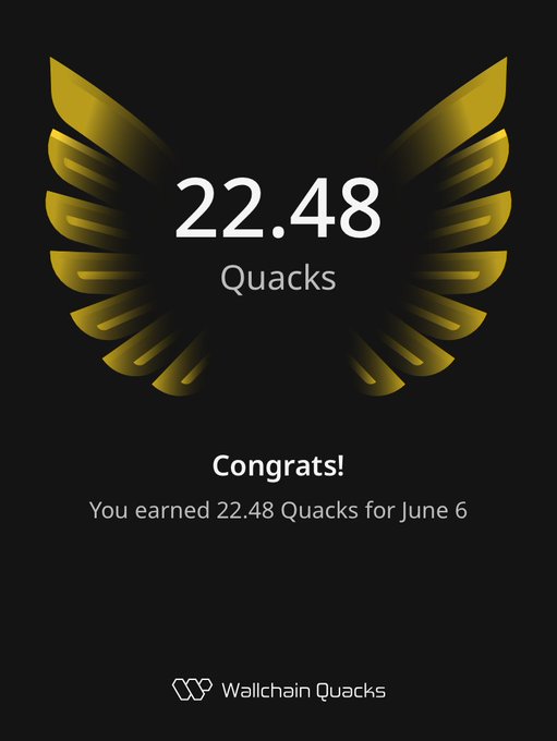 The image features an email sent by someone named @wallchain Quacks discussing their daily reward for landing 22.48 Quacks from their account during the week of June 6th. The email congratulates them, and the reward was based on engagement and behavior, which is a new way to measure success in rewards systems compared to just being seen as visibility. The post includes an image of a bird's wing with a gold color scheme, signifying the recognition they received for their achievement.