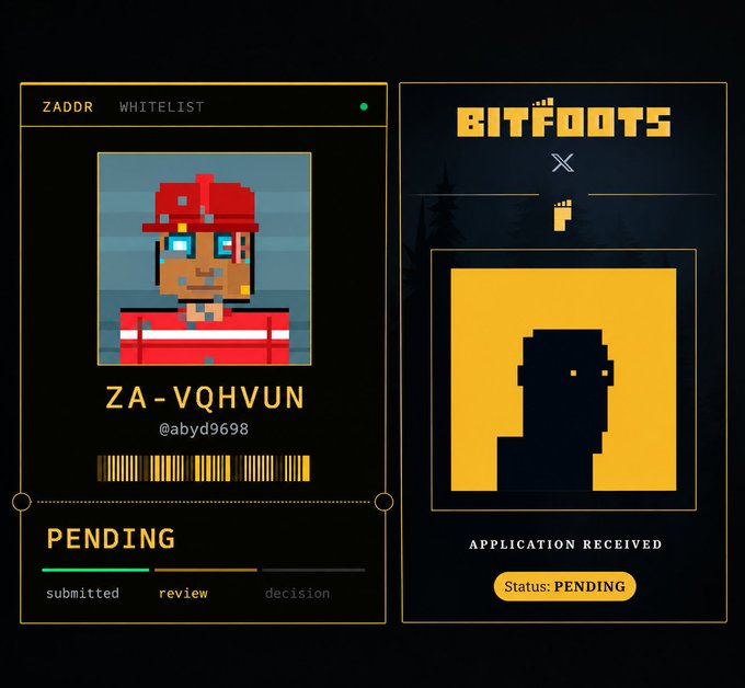 A digital NFT or whitelist application page for 'BITFOOTS' showing a pixel-art character avatar with the text 'ZA-VQHVUN', '@abyd9698', 'ZADDR WHITELIST', 'PENDING', and 'APPLICATION RECEIVED'.
