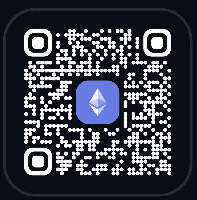 A QR code on a black background with a blue Ethereum logo centered in the middle.