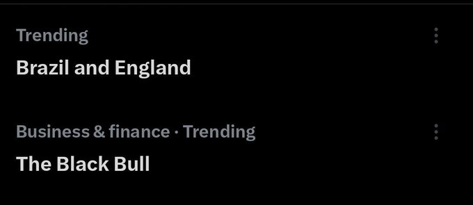 The image displays trending topics on a social media interface, showing "Brazil and England" and "The Black Bull" under the "Business & finance" category. This visual context supports the post's inquiry by highlighting these specific trending subjects.