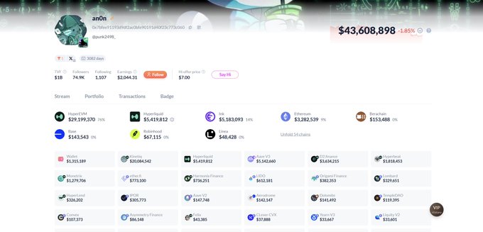 An image of a crypto portfolio dashboard showing a wallet named "an0n" with a total balance of $43,608,898 (-1.85%), containing notable positions including 29,199,370 HYPE ($29.2M), 5,419,812 HYPERLIQUID ($5.4M), and 153,488 BTC. The post explains this is the portfolio of @punk2498_, who holds the second-largest HYPE holdings and is among the highest-volume traders on Variational, with a bullish pinned post on Entropy to gain early exposure to the Hype ecosystem.
