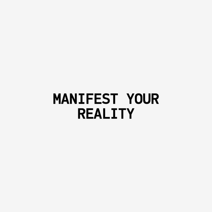 A minimalist white background with bold black text reading 'MANIFEST YOUR REALITY'.