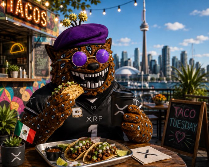 An illustrated anthropomorphic XRP character wearing a purple beret and sunglasses, eating tacos at a Toronto skyline taco stand on Taco Tuesday.