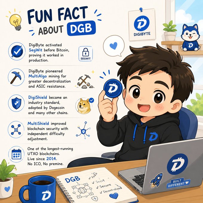 An illustrated infographic titled 'FUN FACT ABOUT DGB' (DigiByte) highlighting facts such as SegWit activation, MultiAlgo mining, DigiShield, MultiShield, and UTXO blockchains since 2014, featuring a chibi-style character holding a DGB coin.