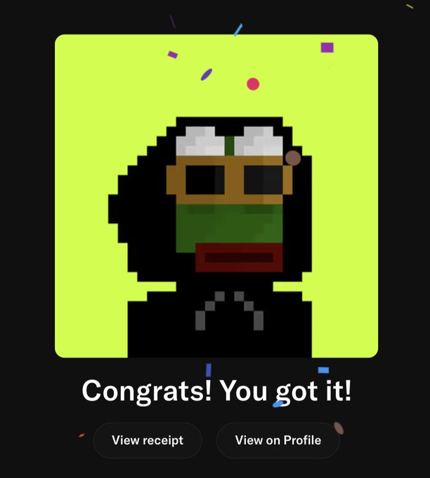 A pixel art character with dark skin, sunglasses, and a black outfit on a lime green background, with celebratory confetti and the text 'Congrats! You got it!' along with options to view receipt or profile.
