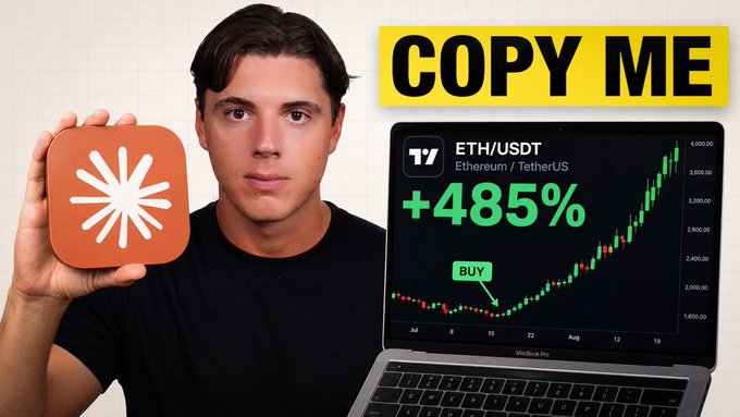 A young man holds an orange app icon next to bold "COPY ME" text, alongside a laptop displaying an ETH/USDT chart on TradingView showing a +485% gain marked with a "BUY" signal, visually promoting a video about using Claude AI to identify a profitable Ethereum breakout trade.